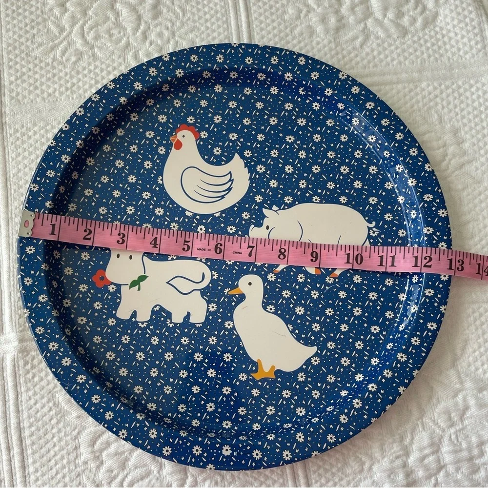 Farm Animal Metal Serving Tray Decor Cow Pig Chicken Duck Blue White Set of 2 - Picture 6 of 7
